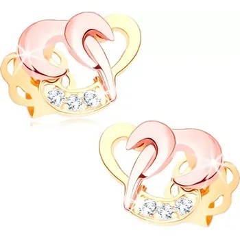 Náušnice Dvoubarevné náušnice ve 14K zlatě - propojené kontury srdcí, třpytivá linie