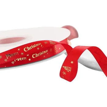 Balící papír Vánoční dekorativní stuha 1 cm x 5 metrů červená se zlatým nápisem Merry Christmas Veselé Vánoce a hvězdičkami pro dárkové balení a dekorace červená