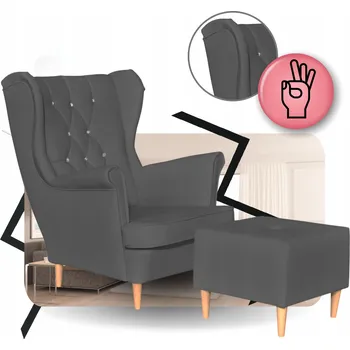 Křeslo Křeslo Ušák z eko kůže Gaja s podnožkou, Skandinávský styl Family meble šedé