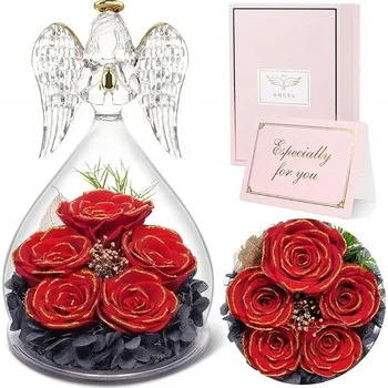 Stabilizovaná růže ve skleněné figurce anděla dárek pro ženu 15,7 cm Červená
