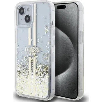 Pouzdro na mobilní telefon Guess PC/TPU Liquid Glitter Gold Stripe Zadní Kryt pro iPhone 15 Plus Transparent
