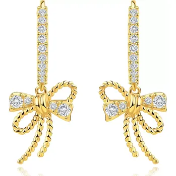 Náušnice Kulaté náušnice ze žlutého zlata 585 - vroubkovaná mašle, čiré zirkony