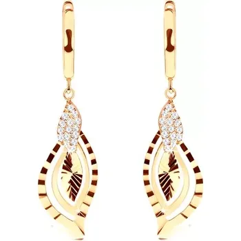 Náušnice Zlaté náušnice 585 - lesklý oblouček, blýskavé lístečky zdobené zirkony a rýhami