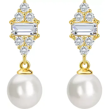 Náušnice Zlaté náušnice ze 14karátového žlutého zlata - kultivovaná perla, zirkonový list