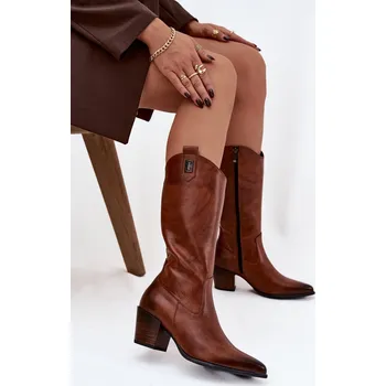 Dámské kozačky Kožené Kovábojky Na Podpatku Vyhřívané Zazoo 70155 Barva: Béžová, Velikost: 40