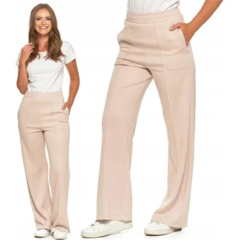 Dámské kalhoty DÁMSKÉ KALHOTY WIDE LEG MORAJ ŠIROKÉ NOHAVICE ECRU VYSOKÝ PAS L