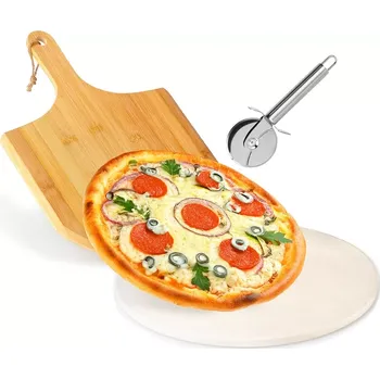 Pec na pizzu Šamotový kámen na pizzu s bambusovou lopatou a nerezovým kráječem, 3dílná sada