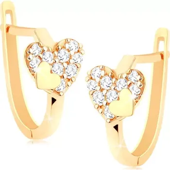 Náušnice Náušnice ve žlutém 14K zlatě - třpytivé srdce s drobným hladkým srdíčkem