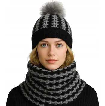 Čepice Dámská zimní souprava – čepice s bambulí a nákrčník, černo-šedá