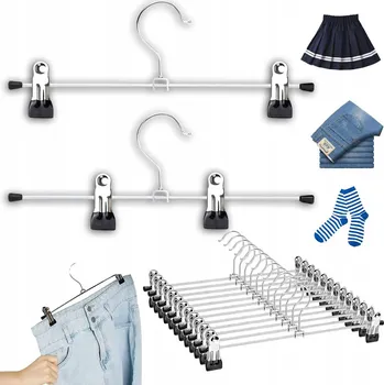 Věšák 12x KOVOVÉ VĚŠÁKY SE SKŘIPCEMI NA OBLEČENÍ DO SKŘÍNĚ - KALHOTY, SUKNĚ