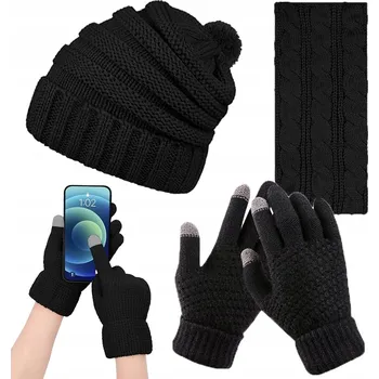 Čepice SADA: ČEPICE ŠÁLA, RUKAVICE S DOTYKOVOU OBRAZOVKOU NA TELEFON, IZOLOVANÁ ČEPICE
