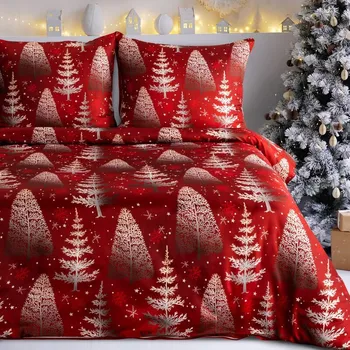 Vánoční povlečení 220x200 cm set červené s bílými stromečky