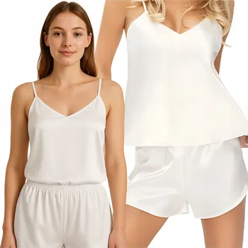 Dámské pyžamo Dámské pyžamo saténové Tričko s ramínky a Kraťasy ecru XS