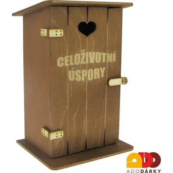 Pokladnička Pokladnička kadibudka "Celoživotní úspory" 11 x 10 x 18,5 cm (Dřevěná pokladnička s vtipným nápisem)