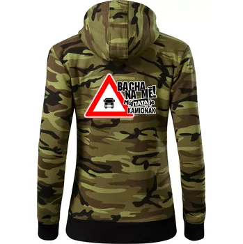 Dámská mikina Bacha na mě! Můj táta je kamioňák - Dámská mikina trendy zipper s kapucí - S ( Zelený maskáč )