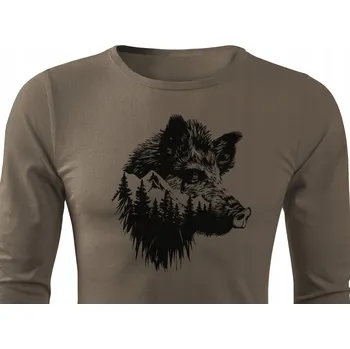 Pánské oblečení Lovecká tričko s rukávem, hnědá barva, velký potisk HLAVA DIVOKÉHO KANCE, vel S