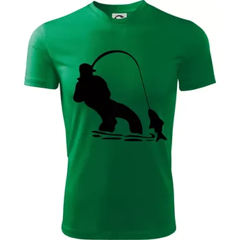 Rybář tahající rybu - Dětské triko sportovní (dresovina) - 158 cm/12 let ( Středně zelená )