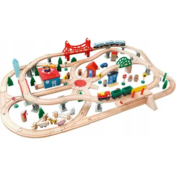 Vláček a vláčkodráha Dřevěná vláčkodráha, více než 700 cm tratě, s příslušenstvím, 131 dílů