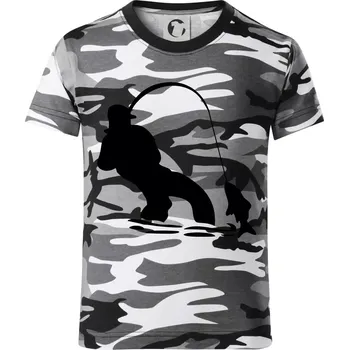 Chlapecké tričko Rybář tahající rybu - Dětské maskáčové triko - 146 cm/10 let ( Šedý maskáč )