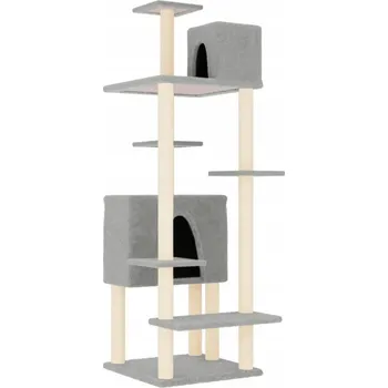 Multifunkční škrabadlo pro kočky s domečky, světle šedé, 66,5x60x154 cm