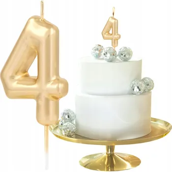 Dortová svíčka ZLATÁ ČÍSLICE ČÍSLO 4 ČTYŘI LESKLÉ SVÍČKY DEKORATIVNÍ NA DORT