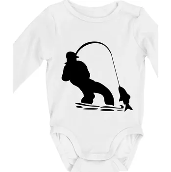 Rybář tahající rybu - Body kojenecké s dlouhým rukávem - Dlouhý r. 6-12 měs ( Bílá )