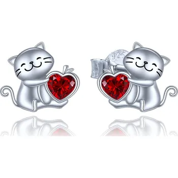 Šperk MINET Stříbrné náušnice kočky se srdíčkem s červenými zirkony