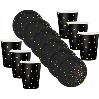 Party nádobí Sada černých papírových talířků a kelímky Černé se zlatými tečkami