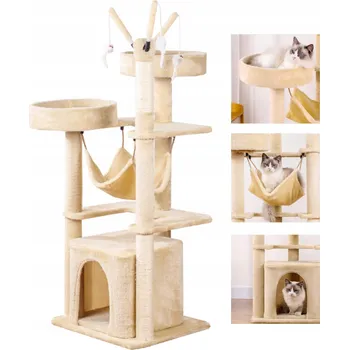 DRAPAK PRO KOČKY vysoký sloupek věž BÉŽOVÝ 5 úrovní domeček pelíšek houpací síť
