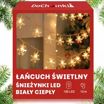 Vánoční dekorace SVĚTELNÝ ŘETĚZ 10m VLOČKY SNĚHU 100 LED BÍLÁ TEPLÁ VÁNOČNÍ SVĚTLA