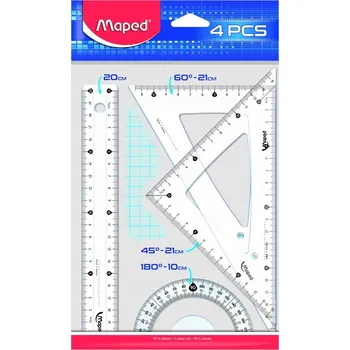 pravítka Geometrická sada Maped flexi: pravítko 20 cm, 2 různé trojúhelníky s ryskou, úhloměr