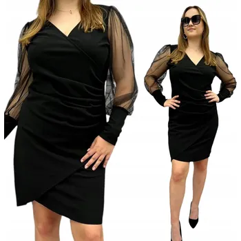 Dámské šaty V707 VEČERNÍ ZAVINOVACÍ ŠATY TYLOVÝ RUKÁV ČERNÁ vel. 46 (3XL)