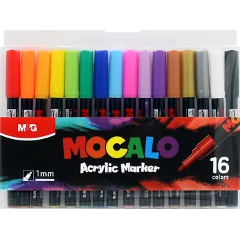 Popisovač M&G MOCALO Acrylic Marker, hrot 1 mm (sada 16 barev)