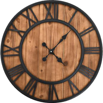 Hodiny Nástěnné hodiny v retro stylu, kovový rám, dřevěný ciferník, 60 cm, hnědé