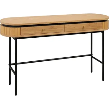 Konzolový stolek Designový industriální konzolový stolek Maderia s oválnou deskou a dvěma zásuvkami v dubové hnědé a černé barvě 120 cm
