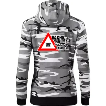 Dámská mikina Bacha na mě! Můj táta je kamioňák - Dámská mikina trendy zipper s kapucí - 2XL ( Šedý maskáč )
