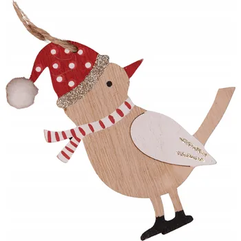 Vánoční dekorace Vánoční ozdoba ptáček 12 cm - čepice s proužky