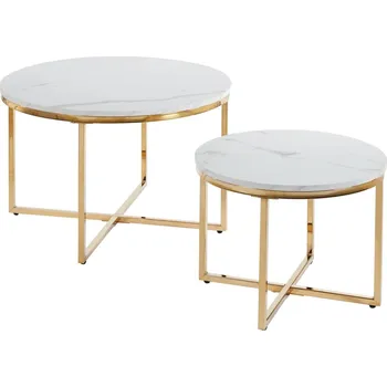 Konferenční stolek Set kulatých kávových stolků Marble Gold Duo - bílý mramor / zlatý lesk