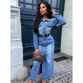 Dámské šaty Modré denim šaty GOLEN s dlouhým rukávem Velikost: S/M