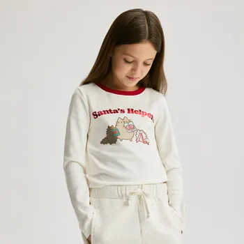 Dívčí tričko Reserved - Bavlněná halenka Pusheen - krémová - 378FT-01X - 378FT-01X-158