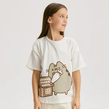 Dívčí oblečení Reserved - Tričko s&nbsp;vánočním potiskem Pusheen - krémová - 513FT-01X - 513FT-01X-U13