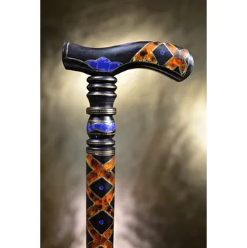 Vycházková hůl ebenová – Lapis & Amber Inlay (ruční intarzie)