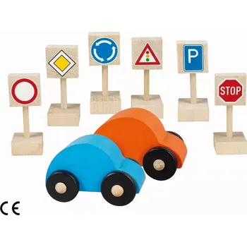 Dřevěná hračka Detoa, Auta 2ks + dopravní značky 6ks dřevo 5cm v krabičce