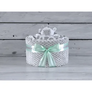 plenkový dort dortNEdort jednopatrový plenkový dort VII. 6 ks Pampers Premium Care, usínáček, produkty Mimijo Šedá deka, mint mašle, náplň pro chlapečka 330_MIM11