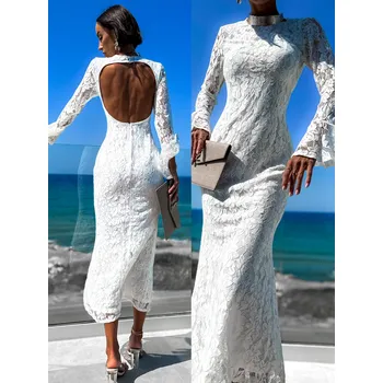 Dámské šaty Bílé dlouhé krajkové šaty SAMULES s volánky Velikost: S/M