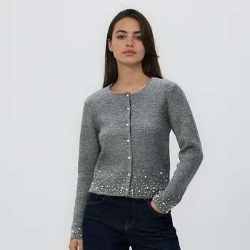 Dámský svetr Reserved - Kardigan s aplikací - středně šedá - 079GS-85M - 079GS-85M-L