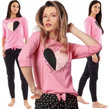 Dámské pyžamo Dámské pyžamo dvoudílné s dlouhým rukávem, teplé, 100% Bavlna, srdíčka, růžové, XL