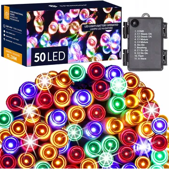 Vánoční dekorace LED řetěz - 5m, 50LED, 8-funkcí, časovač, 3xAA, IP44, multicolor