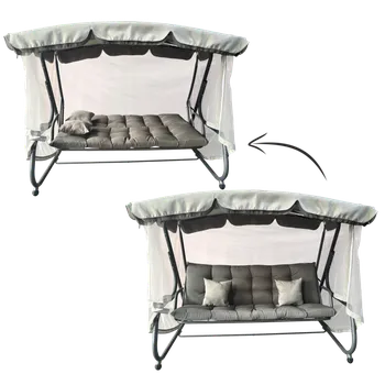 Zahradní houpačka ZAHRADNÍ HOUPAČKA S MŘÍŽKOU PROTI KOMÁRŮM 220 x 130 x 175 CM ŠEDÁ S FUNKCÍ LOUNGE *0954