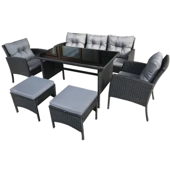 Zahradní sestava RATANOVÁ SADA NÁBYTKU (POHOVKA, 2 ŽIDLE, 2 PODNOŽKY, STŮL) - ČERNÁ, POLŠTÁŘE - ŠEDÉ *7541